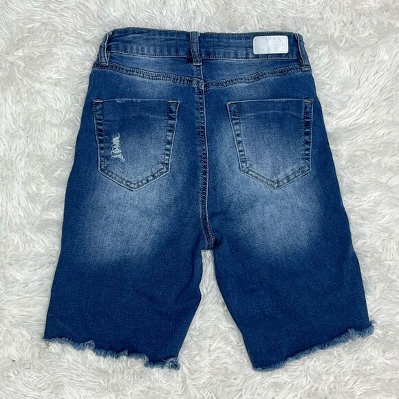 Dollhouse Long Distressed Denim Shorts Size 5 / 6 Juniors Jean Blue Button Fly - Picture 7 of 7